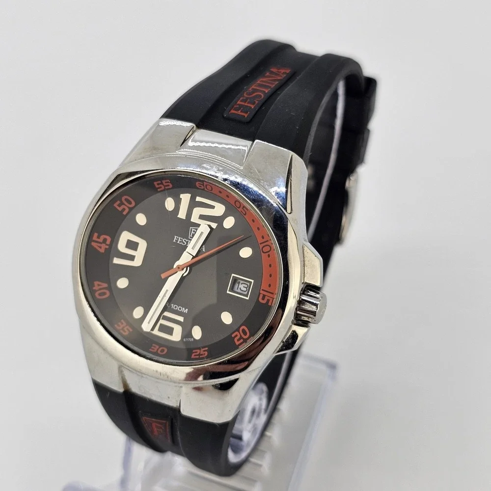 Festina Depose Men's Watch 38MM Black Dial Date Black Plastic Bands New Battery